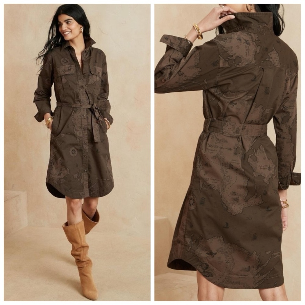 Banana Republic Map Print Safari Belted Button Front Utility Shirt Dress Green